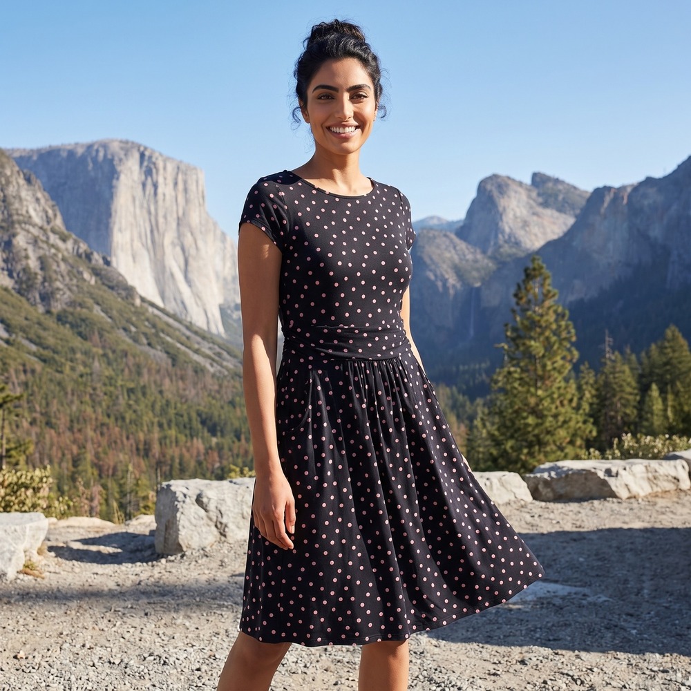 Boden Polka Dot Jersey Dress Women 2P Navy Pink Fit and Flare Preppy Mod